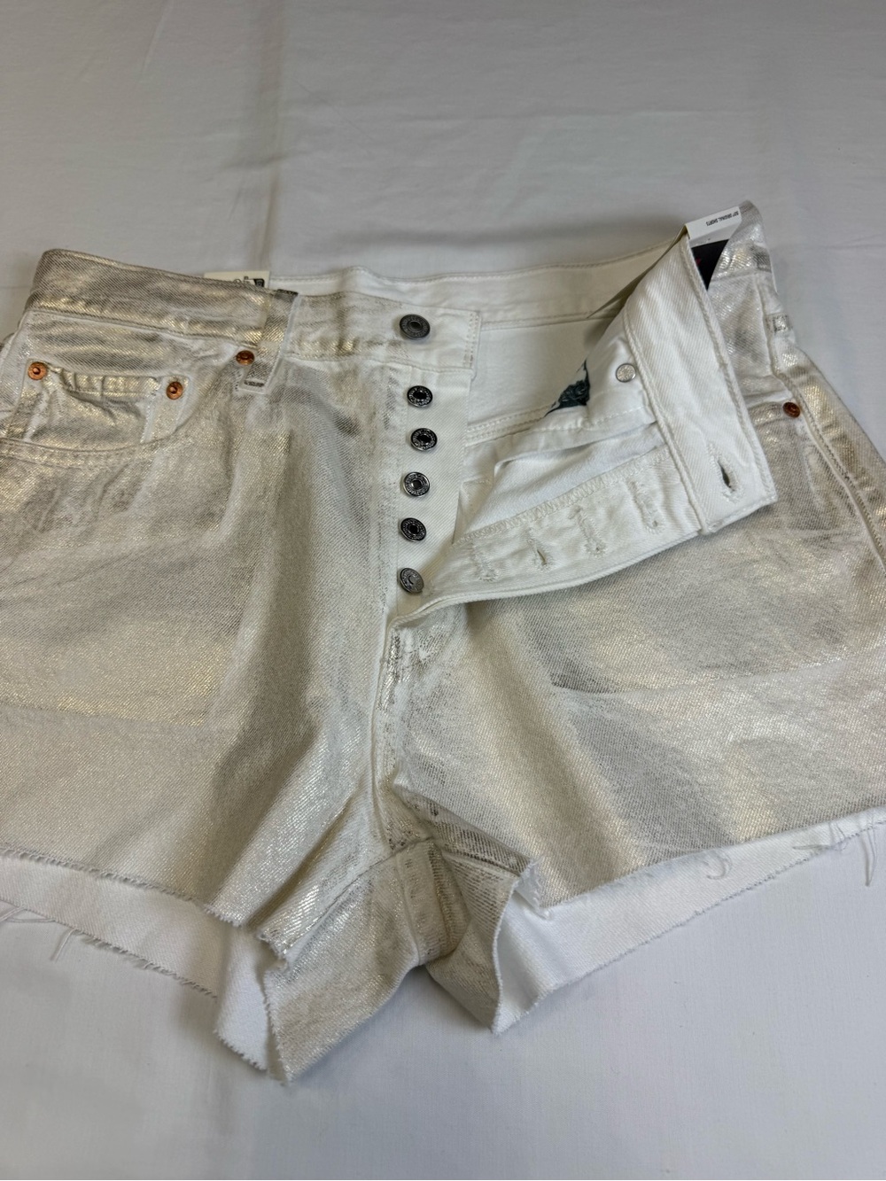 Levis 501 Premium Shorts Womens Sz 29 White Gold Metallic High Rise Cutoff